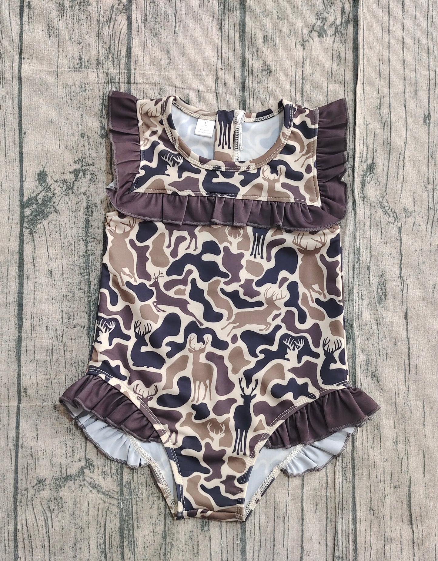 Baby Girls Duck Brown Deer Camo Ruffle Swimsuits Preorder