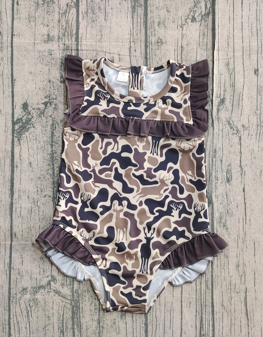 Baby Girls Duck Brown Deer Camo Ruffle Swimsuits Preorder