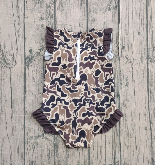 Baby Girls Duck Brown Deer Camo Ruffle Swimsuits Preorder