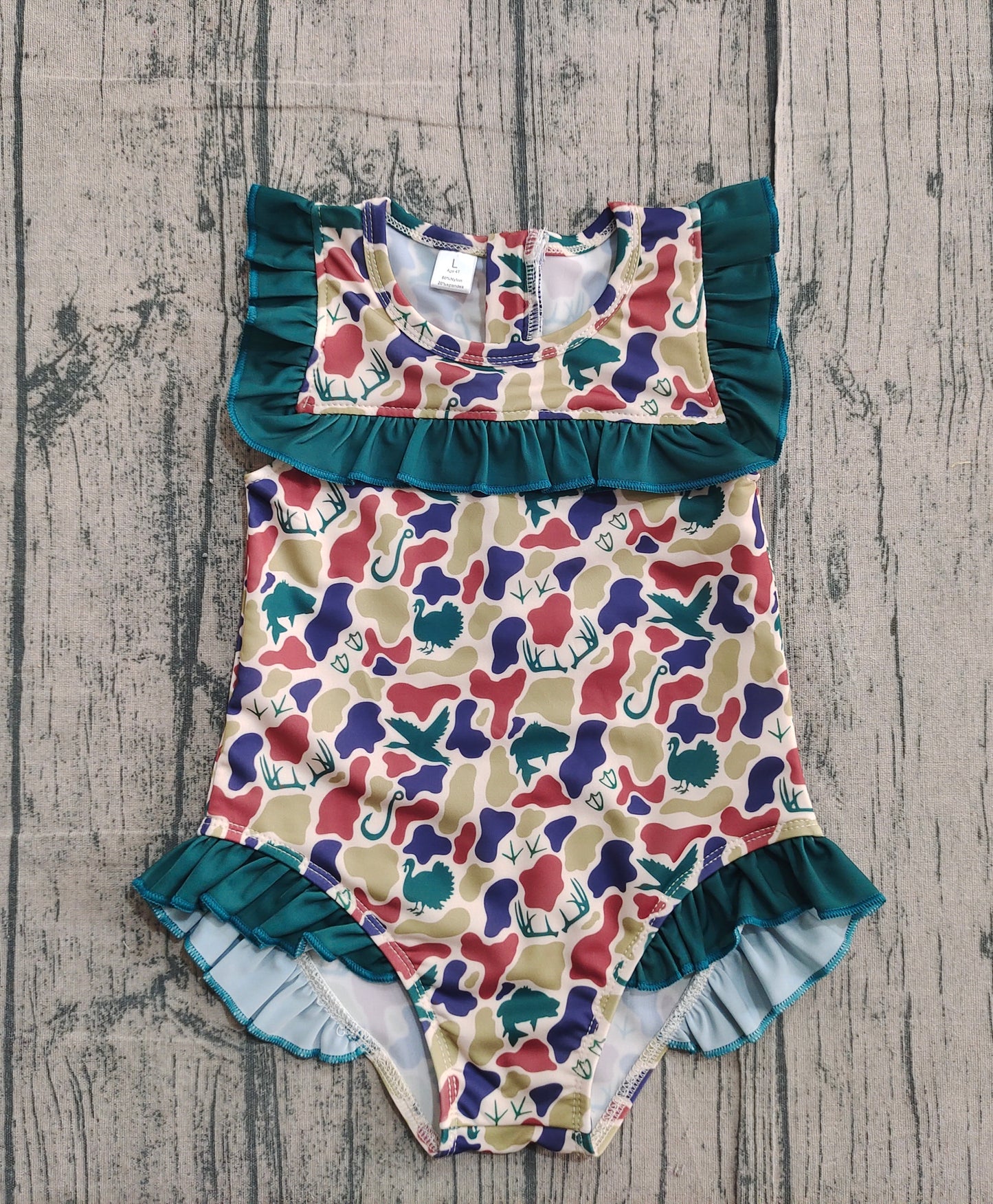 Baby Girls Dark Green Ducks Deer Camo Ruffle Swimsuits Preorder