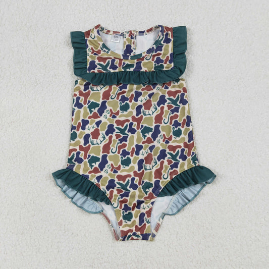 Baby Girls Dark Green Ducks Deer Camo Ruffle Swimsuits