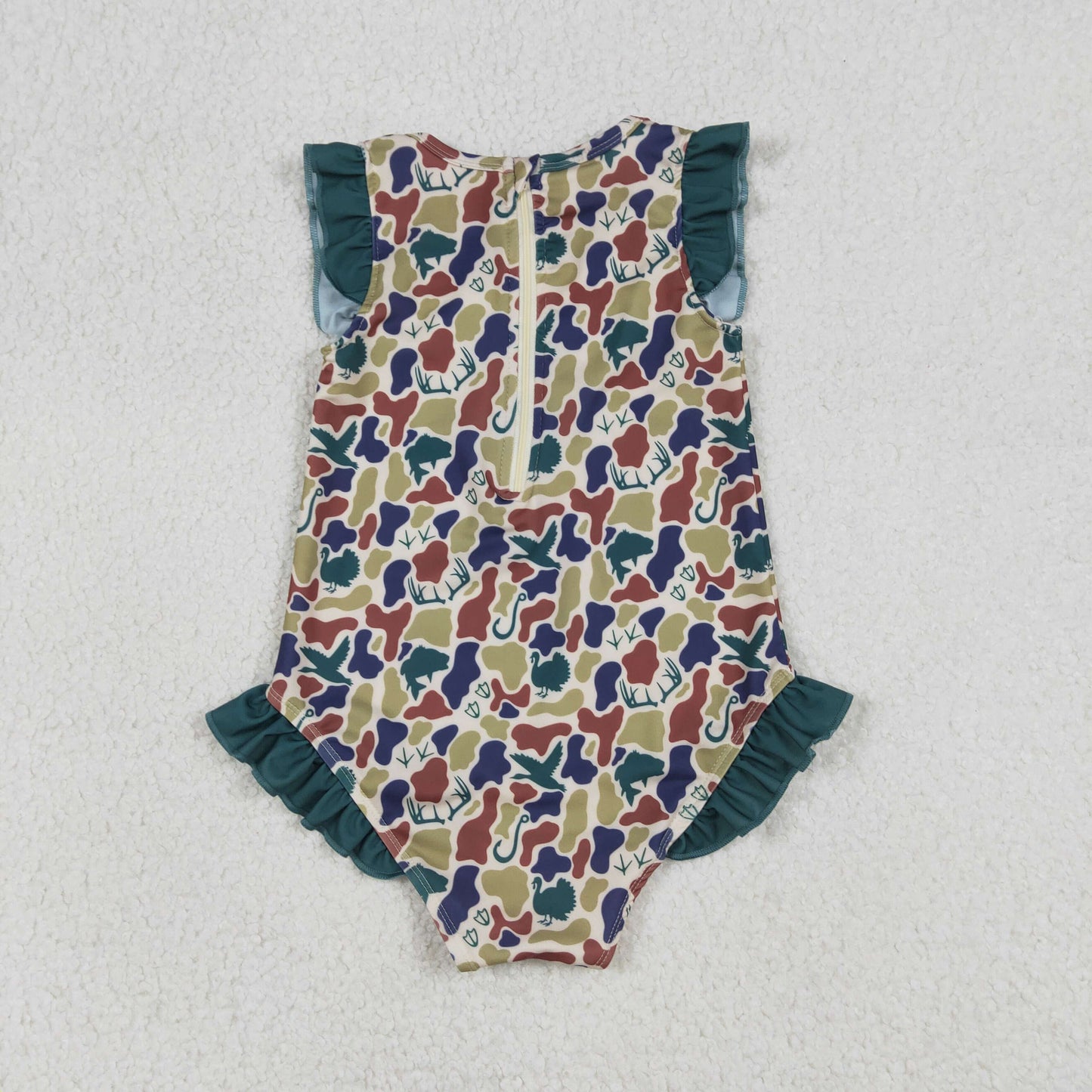 Baby Girls Dark Green Ducks Deer Camo Ruffle Swimsuits