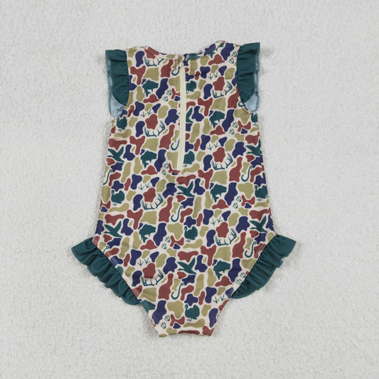 Baby Girls Dark Green Ducks Deer Camo Ruffle Swimsuits