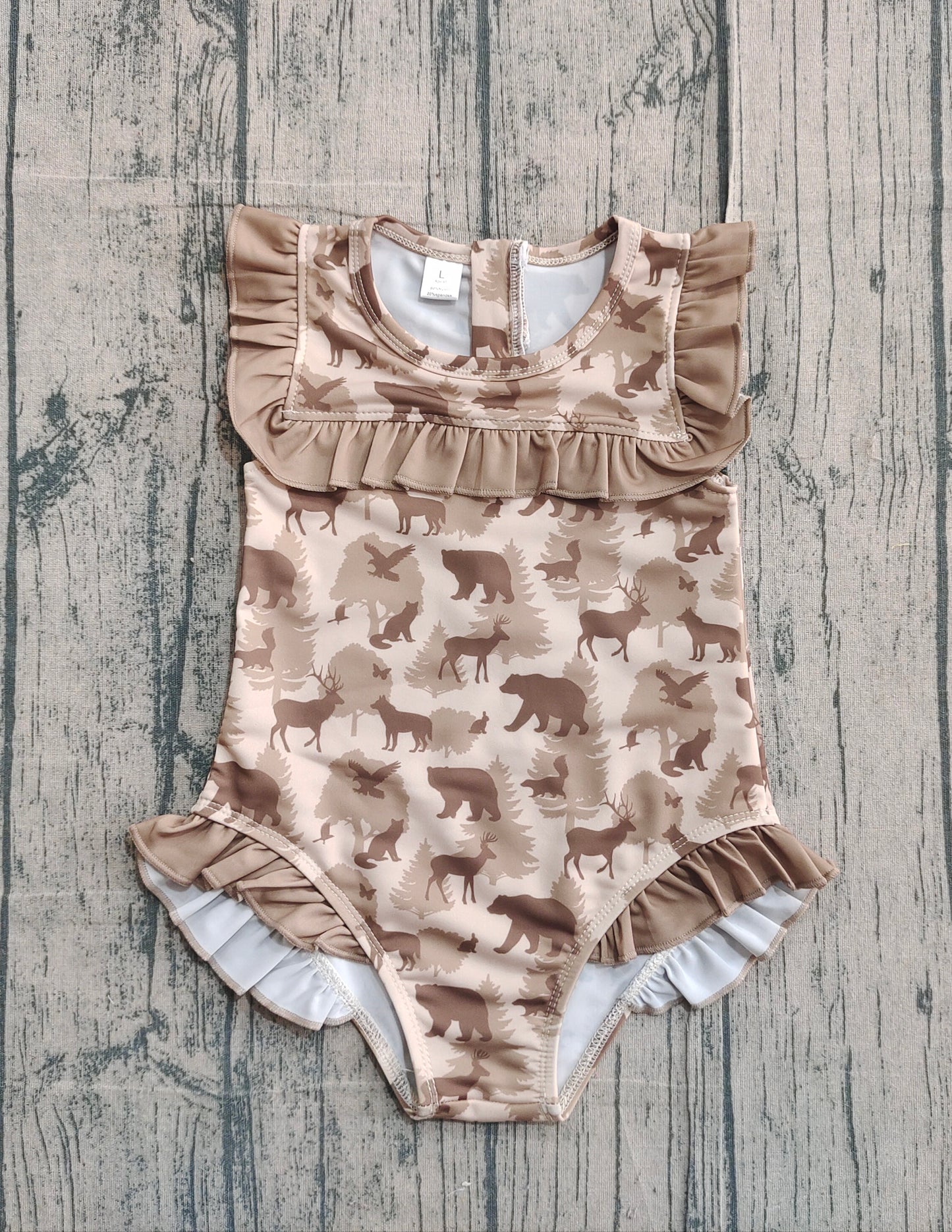 Baby Girls Khaki Deer Bears Camo Ruffle Swimsuits Preorder