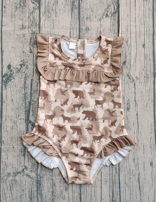 Baby Girls Khaki Deer Bears Camo Ruffle Swimsuits Preorder
