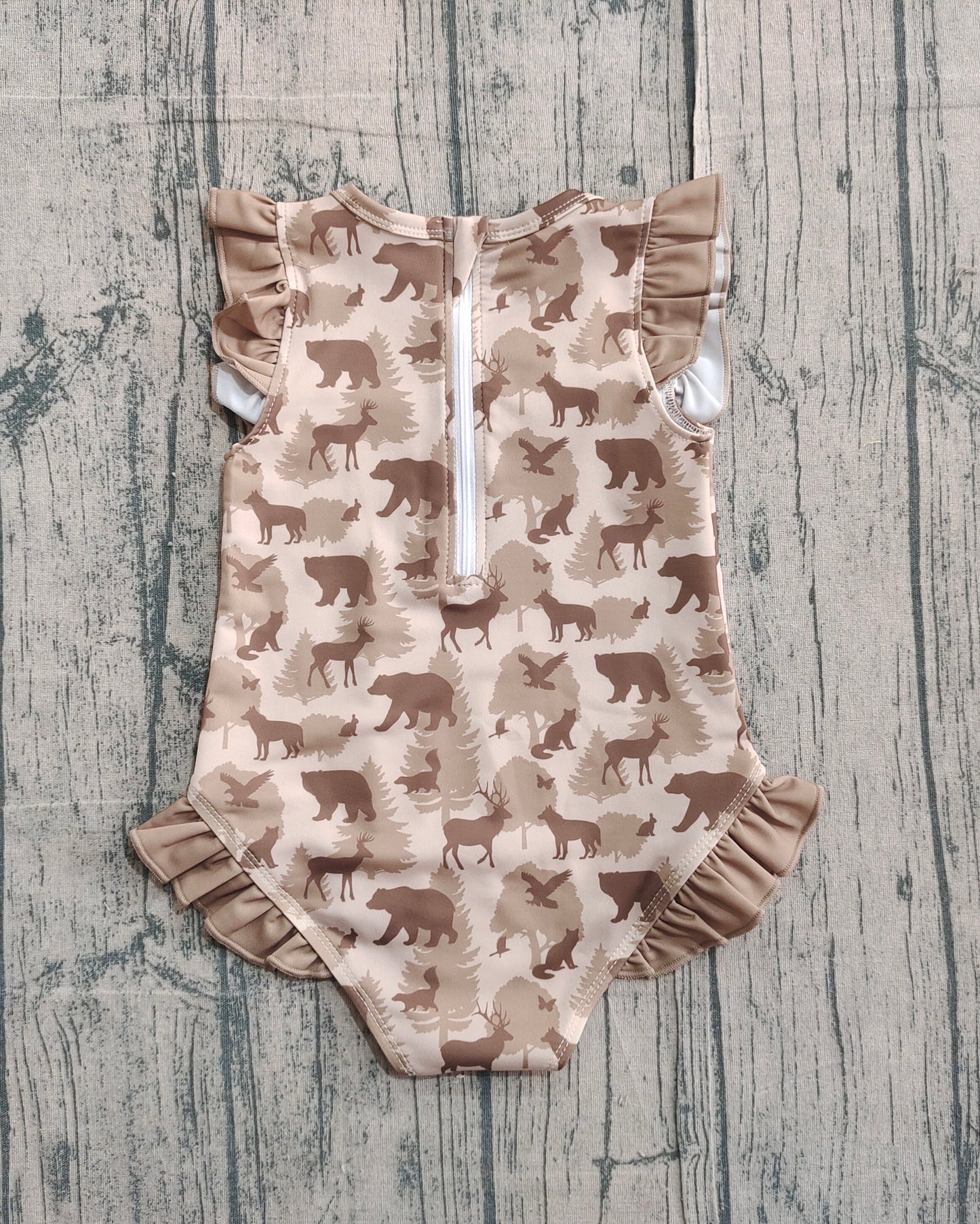 Baby Girls Khaki Deer Bears Camo Ruffle Swimsuits Preorder