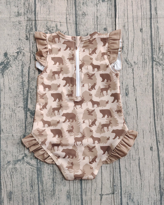 Baby Girls Khaki Deer Bears Camo Ruffle Swimsuits Preorder
