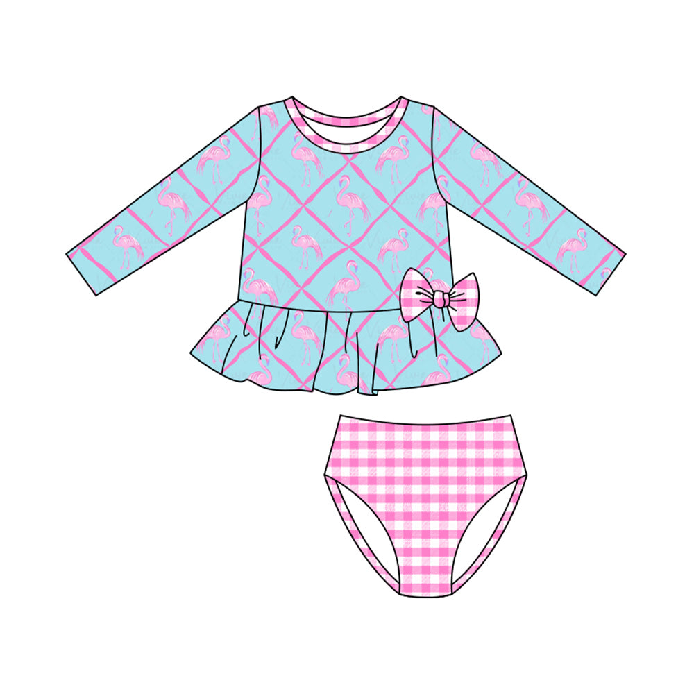 Baby Girls Flamingos Ruffle Top Checked Bummies 2 Piece Swimsuits Preorder
