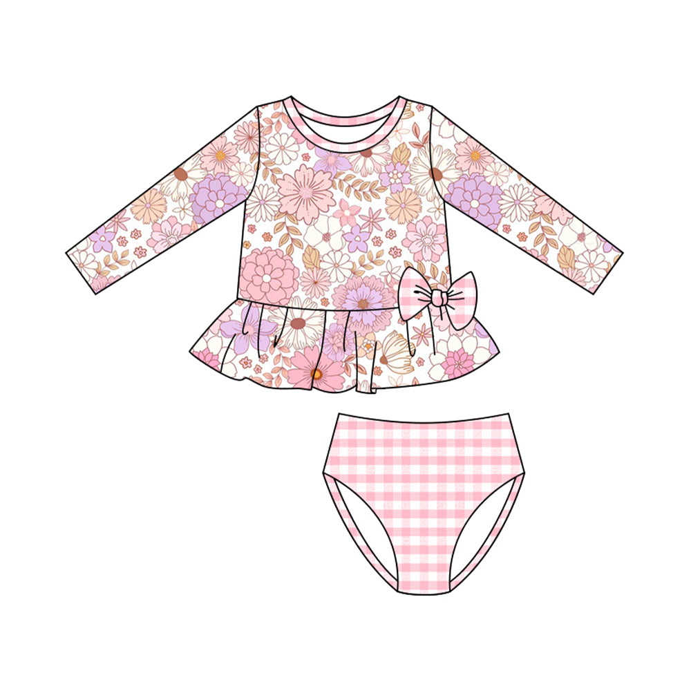 Baby Girls Colorful Floral Ruffle Top Checked Bummies 2 Piece Swimsuits Preorder