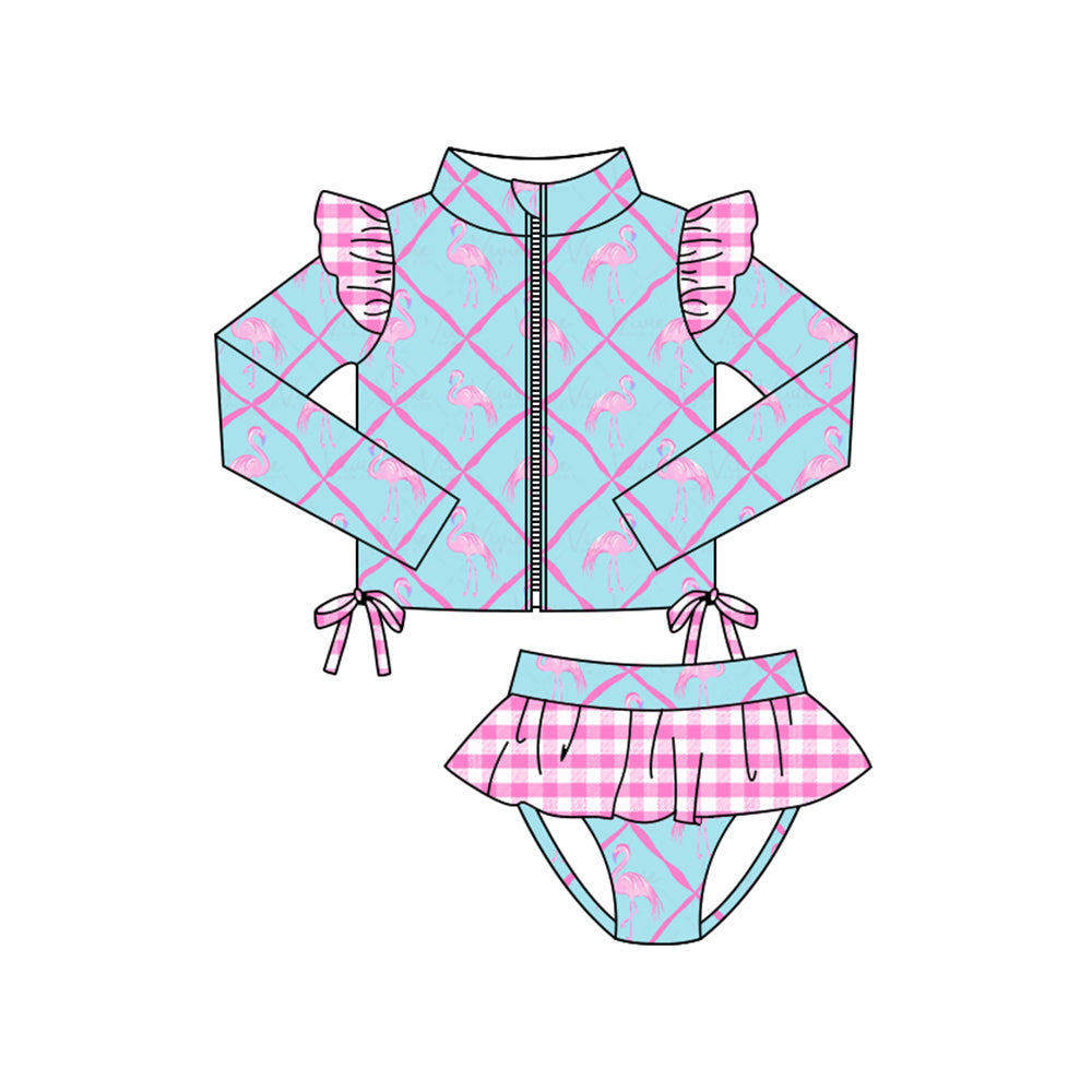 Baby Girls Flamingos Checked Zipper Top Ruffle Bummies 2 Piece Swimsuits Preorder