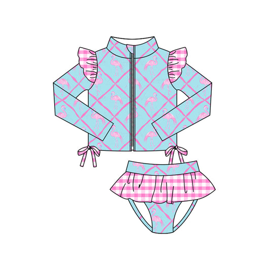 Baby Girls Flamingos Checked Zipper Top Ruffle Bummies 2 Piece Swimsuits Preorder