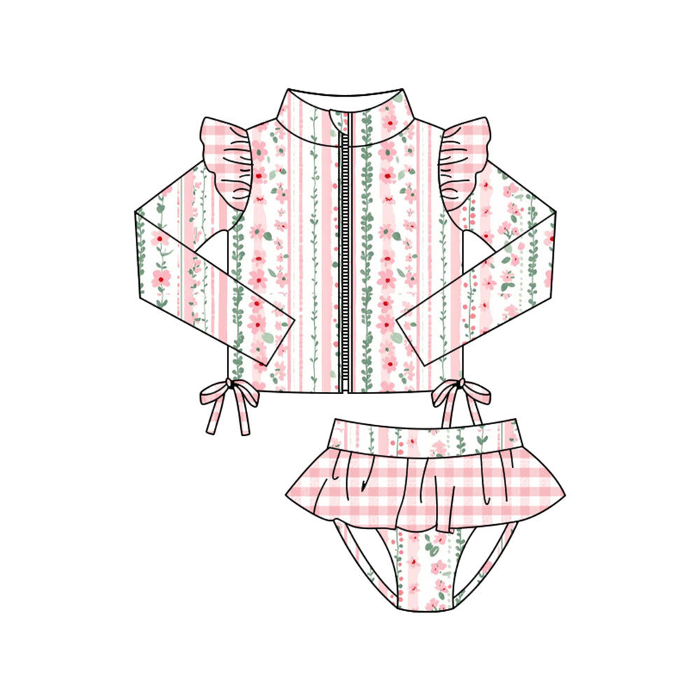 Baby Girls Pink Flowers Stripe Zipper Top Tunic Bummies 2 Piece Swimsuits Preorder