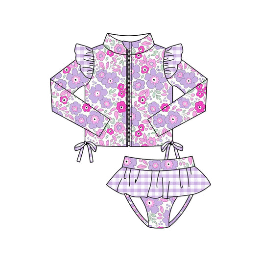 Baby Girls Purple Pink Flowers Zipper Top Tunic Bummies 2 Piece Swimsuits Preorder