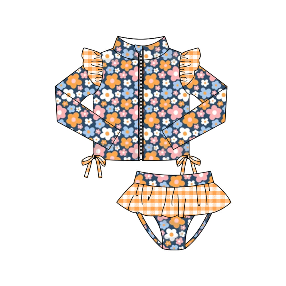 Baby Girls Orange Blue Flowers Zipper Top Tunic Bummies 2 Piece Swimsuits Preorder
