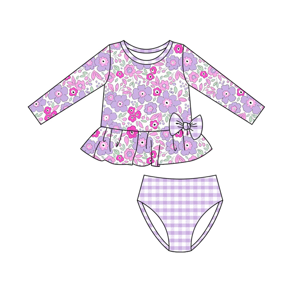 Baby Girls Pink Purple Flowers Tunic Checked Bummies 2 Piece Swimsuits Preorder