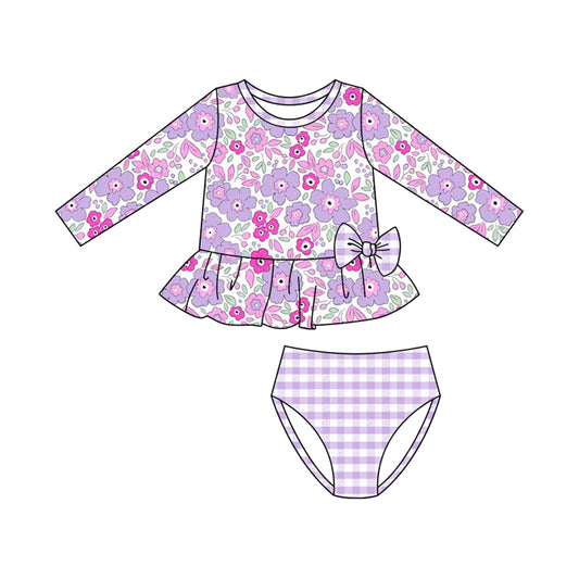 Baby Girls Pink Purple Flowers Tunic Checked Bummies 2 Piece Swimsuits Preorder