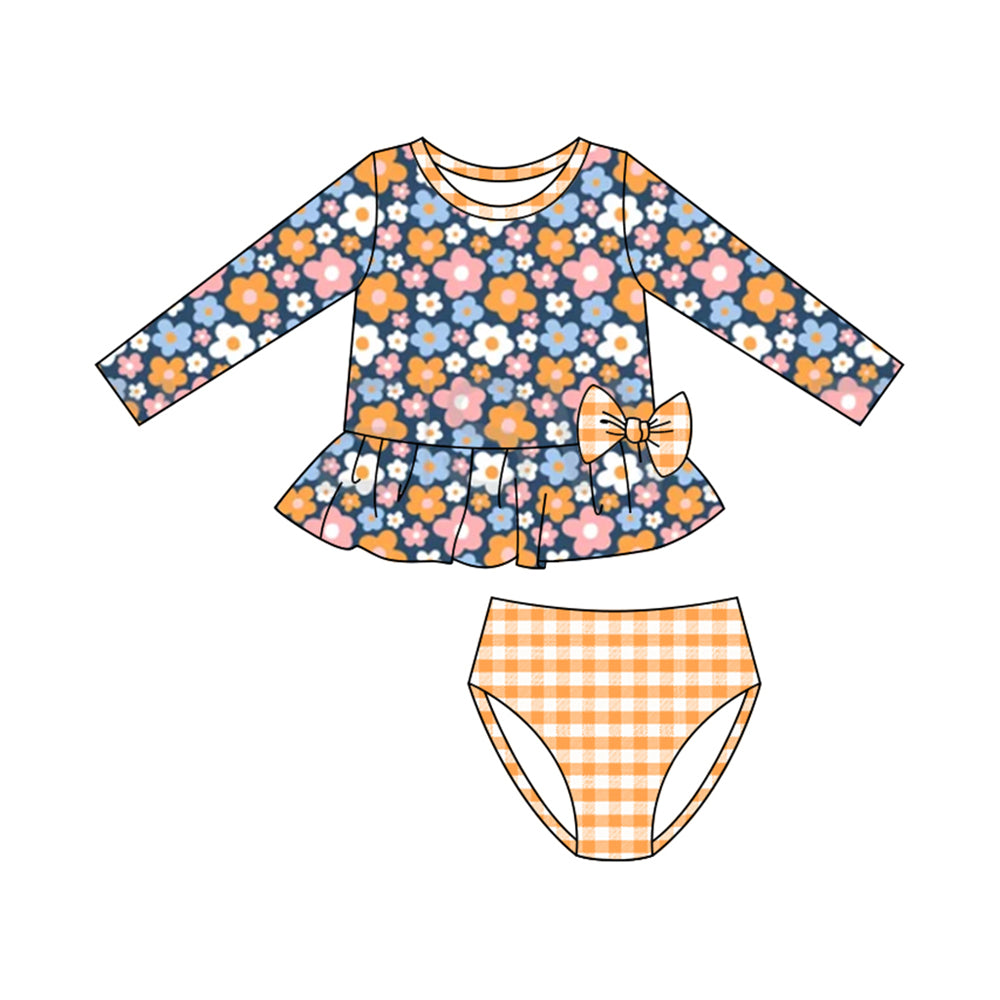 Baby Girls Orange Blue Floral Tunic Checked Bummies 2 Piece Swimsuits Preorder