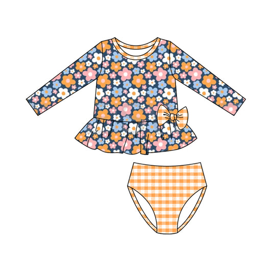 Baby Girls Orange Blue Floral Tunic Checked Bummies 2 Piece Swimsuits Preorder