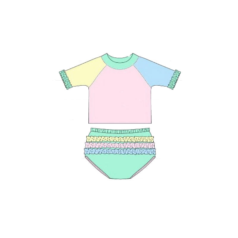 Baby Girls Ruffle Sleeve Yellow Aqua Blue Pink Top Bummies 2 Piece Swimsuits Preorder