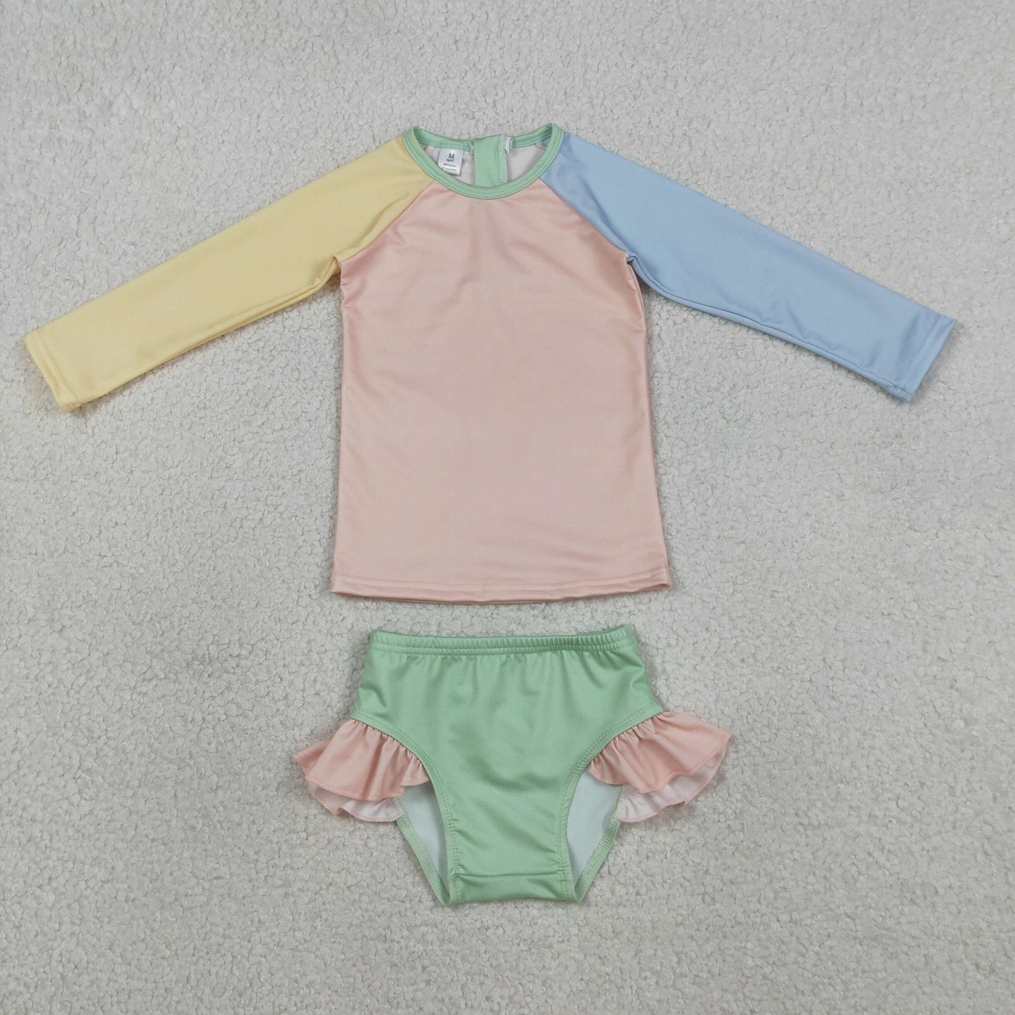 Baby Girls Yellow Aqua Blue Pink Patchwork Top Ruffle Bummies Swimsuits