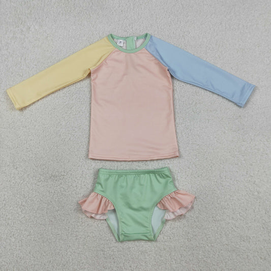 Baby Girls Yellow Aqua Blue Pink Patchwork Top Ruffle Bummies Swimsuits