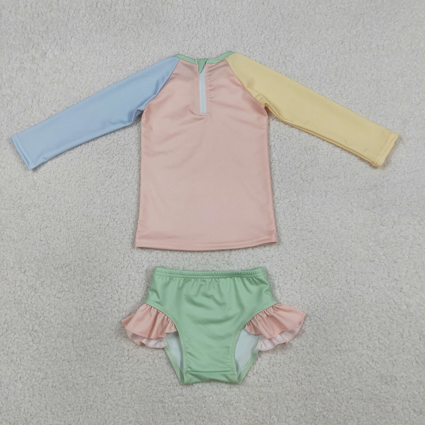 Baby Girls Yellow Aqua Blue Pink Patchwork Top Ruffle Bummies Swimsuits