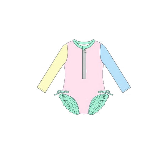 Baby Girls Long Sleeve Yellow Aqua Blue Pink Ruffle Zipper Romper Swimsuits Preorder