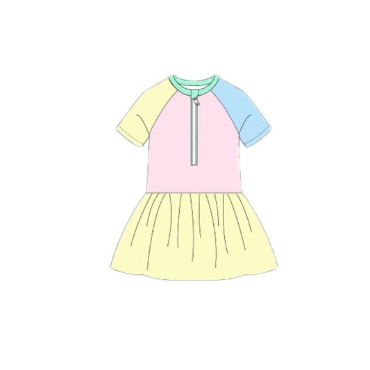 Baby Girls Short Sleeve Yellow Aqua Blue Pink Zipper Knee Length Dress Swimsuits Preorder
