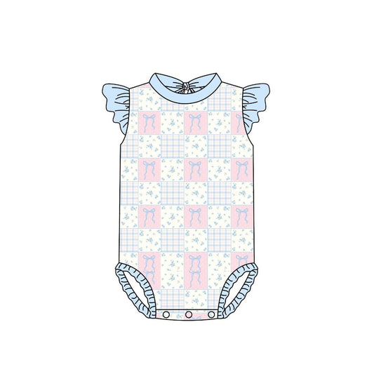 Baby Girls Flutter Sleeve Pink Bows Flowers Checked Romper Swimsuits Preorder