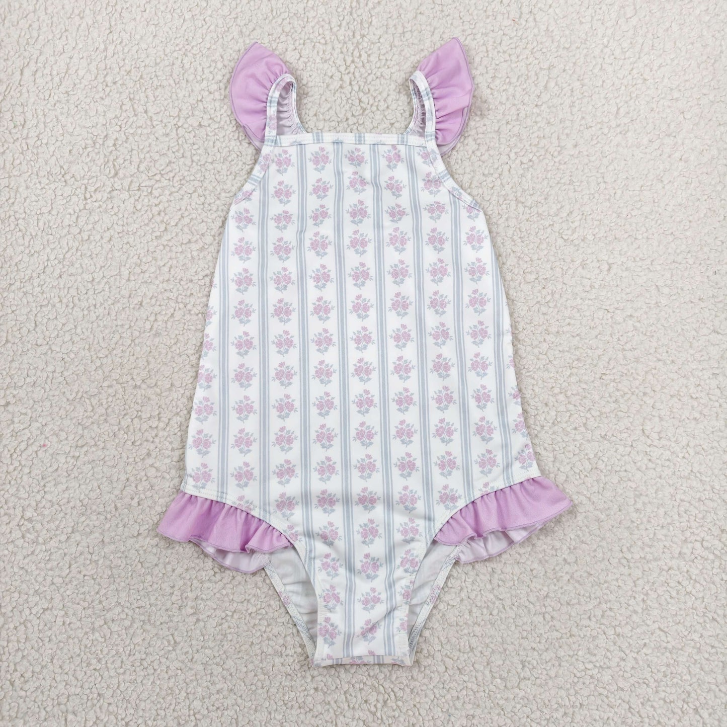 Sibling Baby Girls Lavender Flowers Stripe Swimsuits