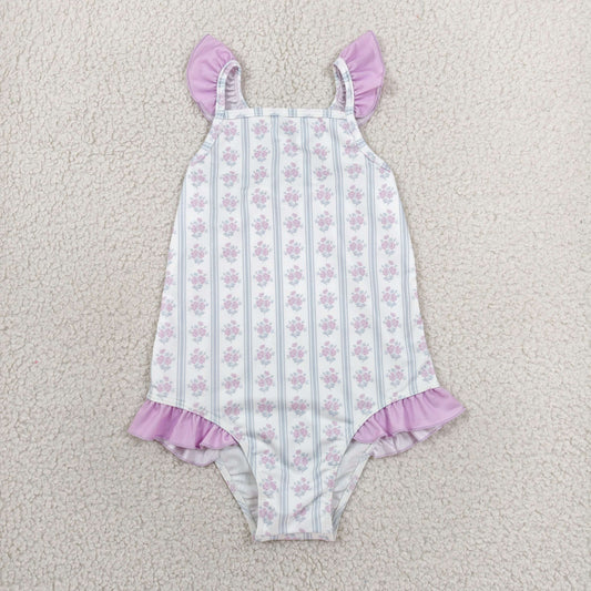 Baby Girls Flutter Sleeve Flowers Stripe Back Bows Romper Swimsuits