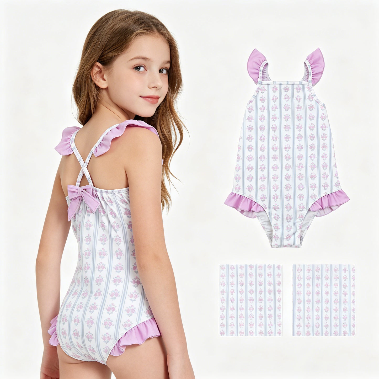 Baby Girls Flutter Sleeve Flowers Stripe Back Bows Romper Swimsuits
