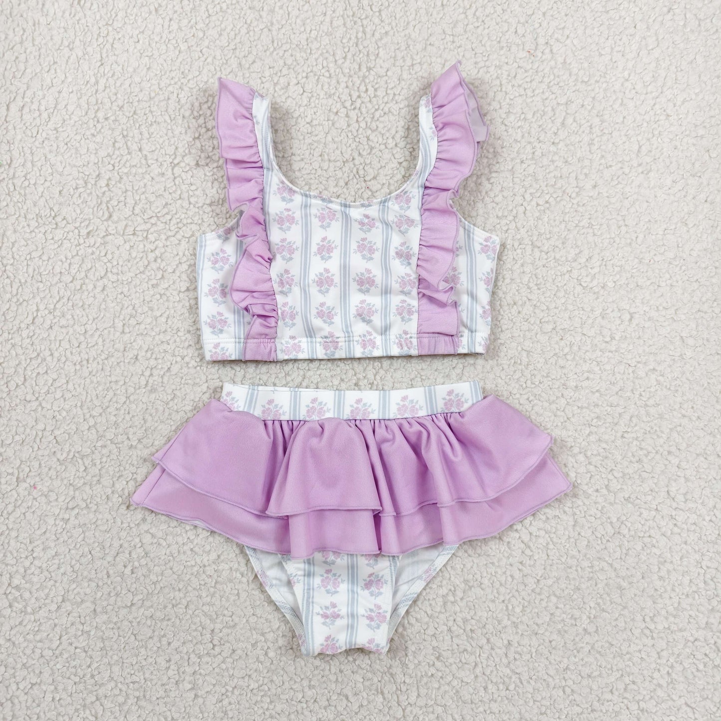 Sibling Baby Girls Lavender Flowers Stripe Swimsuits