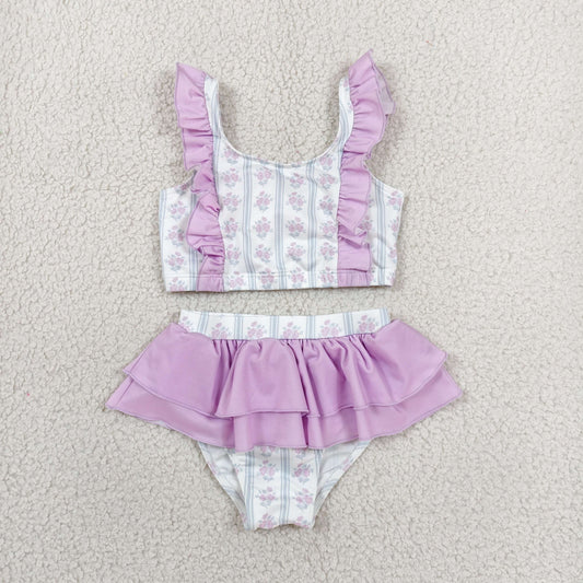 Baby Girls Flowers Stripe Back Bows Top Bummies 2 Piece Swimsuits