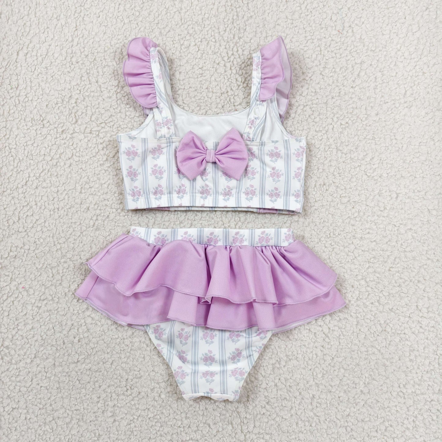 Baby Girls Flowers Stripe Back Bows Top Bummies 2 Piece Swimsuits