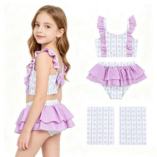 Baby Girls Flowers Stripe Back Bows Top Bummies 2 Piece Swimsuits