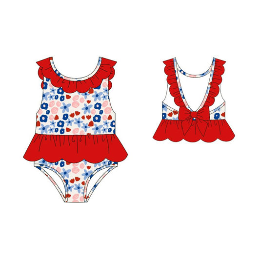 Baby Girls Blue Red Flowers Back Bows 4th of July Romper Swimsuits Preorder