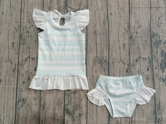 Baby Girls Aqua Stripe Ruffle Top Bummies 2 Pieces Swimsuits Preorder