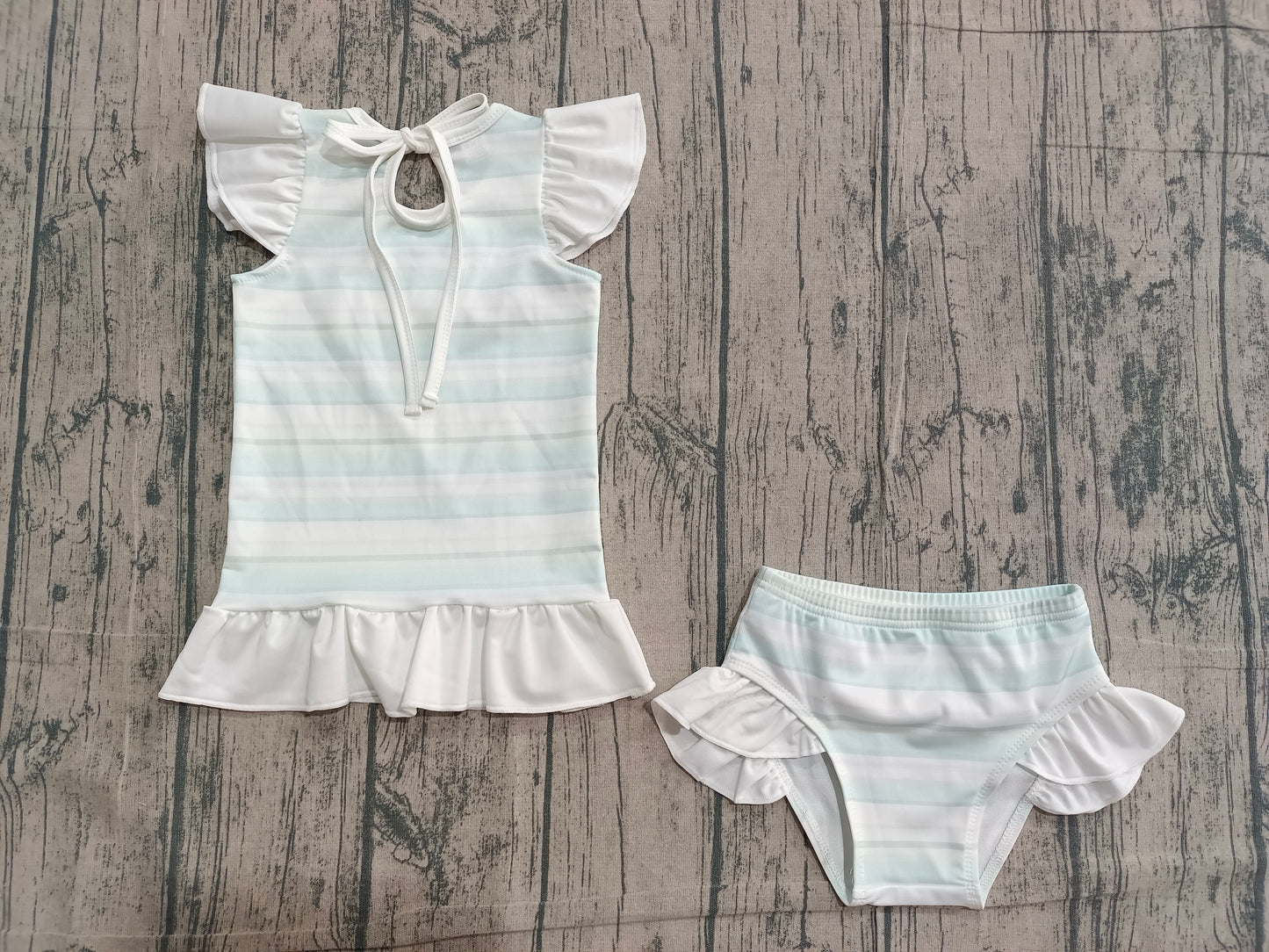 Baby Girls Aqua Stripe Ruffle Top Bummies 2 Pieces Swimsuits Preorder