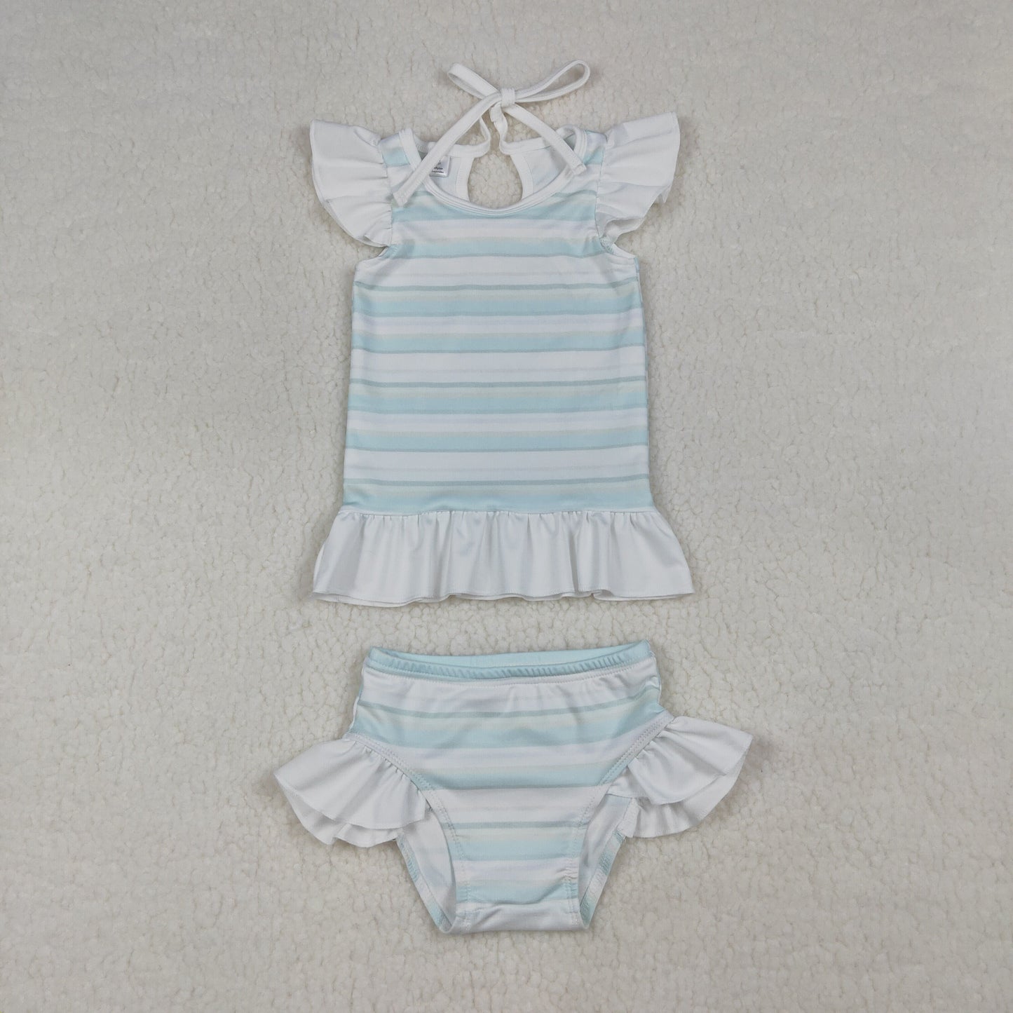 Baby Girls Light Blue Stripe Ruffle Top Bummies 2 Pieces Swimsuits