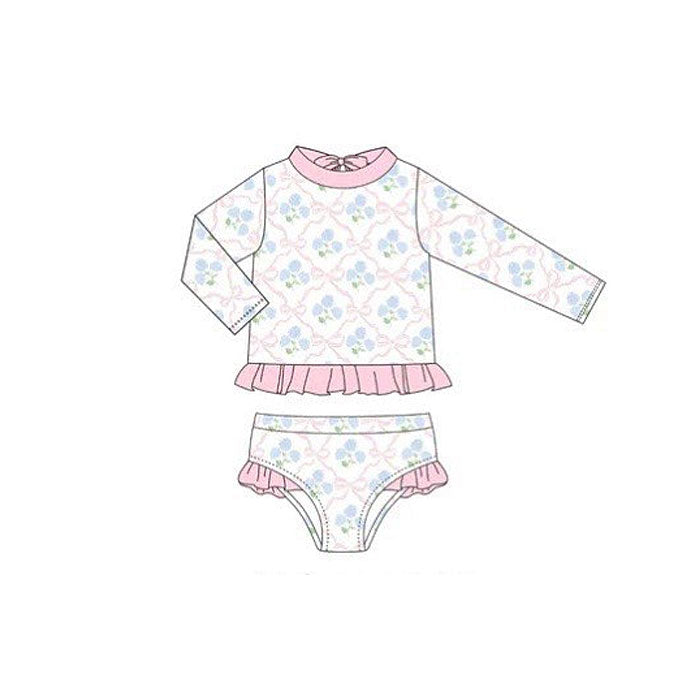 Baby Girls Bows Flowers Checked Ruffle Top Bummies 2 Pieces Swimsuits Preorder