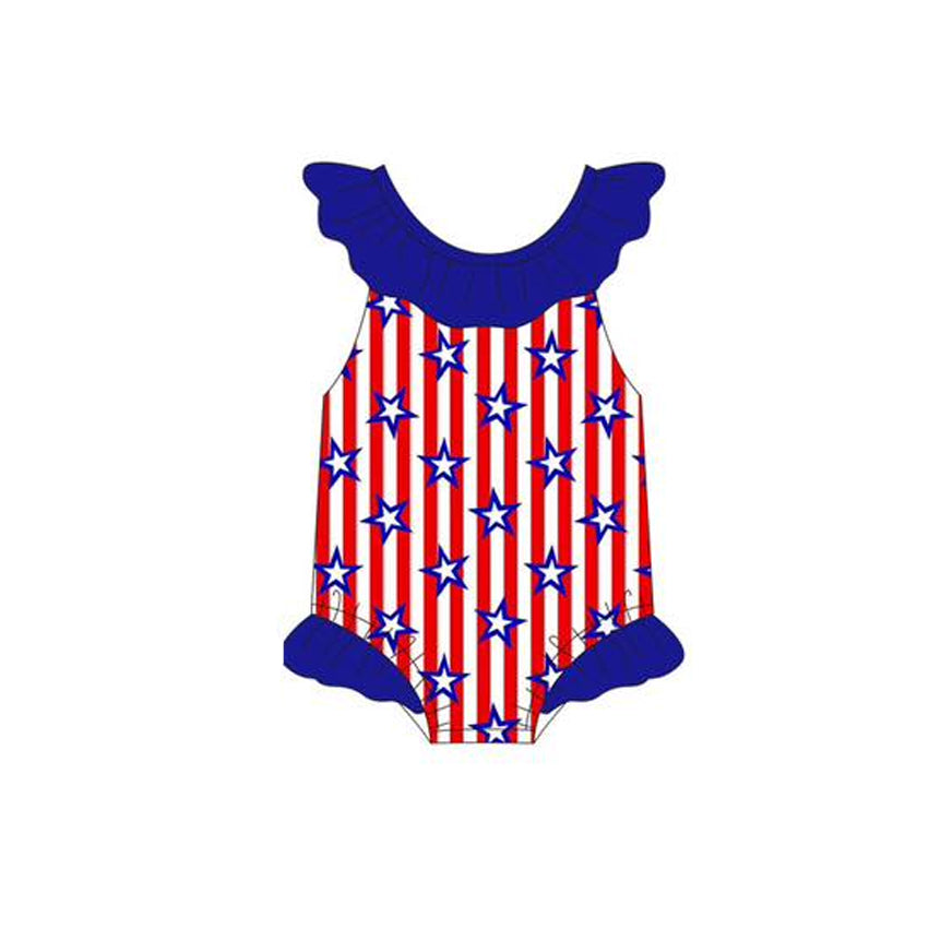 Baby Girls Blue Red Stripe Stars Ruffle Collar Bummies 4th of July Swimsuits Preorder