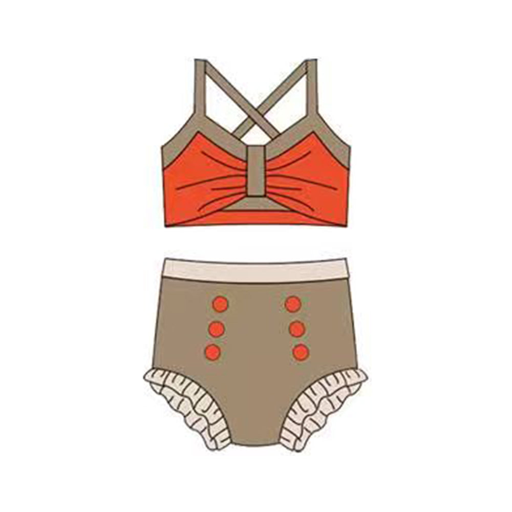 Baby Girls Khaki Orange Strap Vest Top Bummies 2 Pieces Swimsuits Preorder