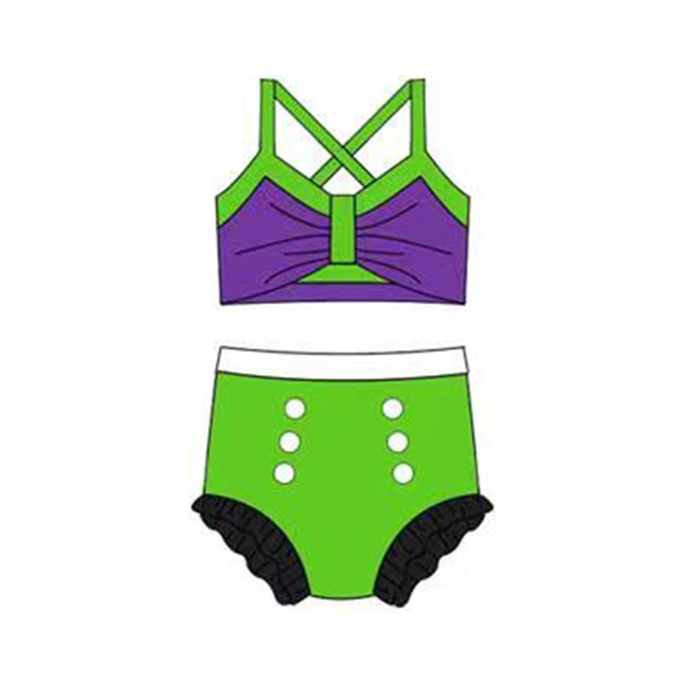 Baby Girls Green Purple Strap Vest Top Bummies 2 Pieces Swimsuits Preorder