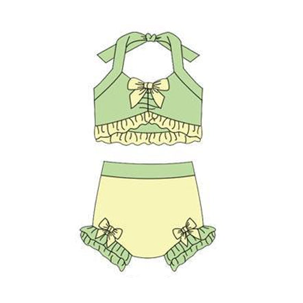 Baby Girls Light Green Yellow Strap Vest Bows Bummies 2 Pieces Swimsuits Preorder