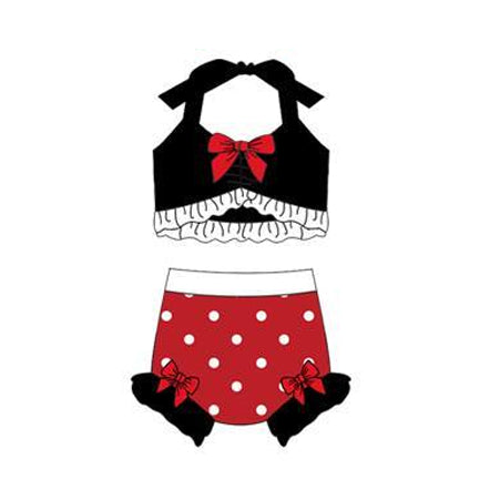 Baby Girls Black Red Polka Dots Strap Vest Bows Bummies 2 Pieces Swimsuits Preorder