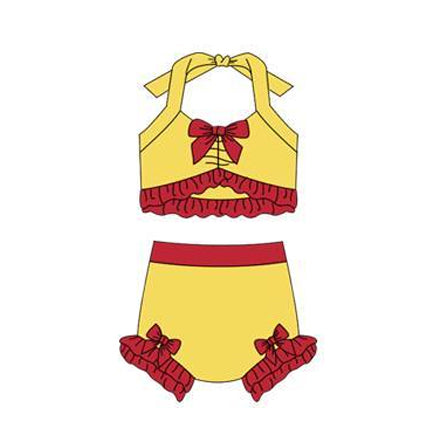 Baby Girls Yellow Red Strap Vest Bows Bummies 2 Pieces Swimsuits Preorder