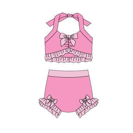 Baby Girls Pink Strap Vest Bows Bummies 2 Pieces Swimsuits Preorder
