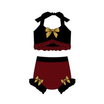 Baby Girls Dark Red Black Strap Vest Bows Bummies 2 Pieces Swimsuits Preorder