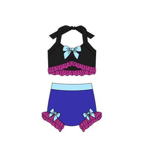 Baby Girls Black Purple Strap Vest Bows Bummies 2 Pieces Swimsuits Preorder